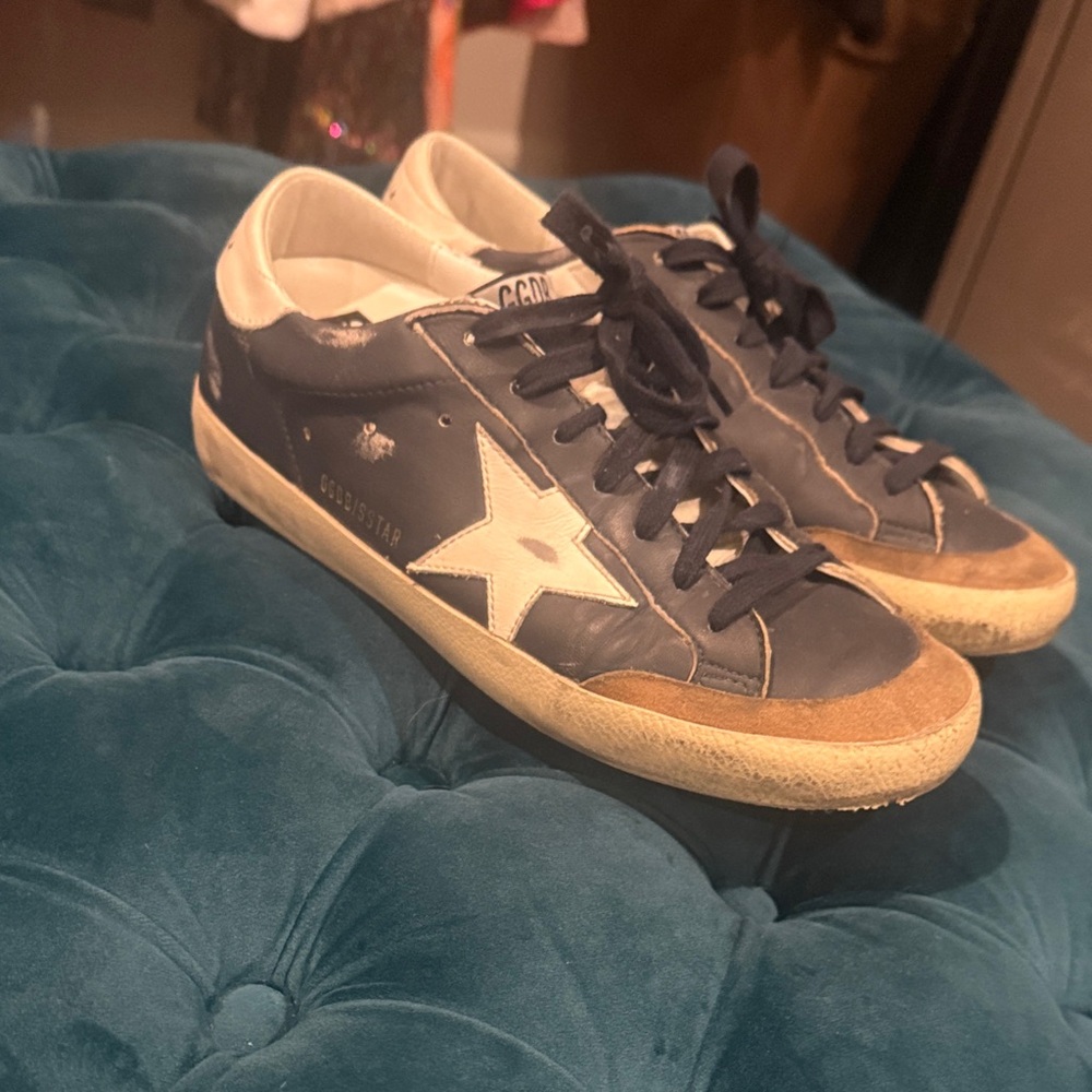 Golden Goose Men's Dark Blue and Cream Sneakers. All stars
